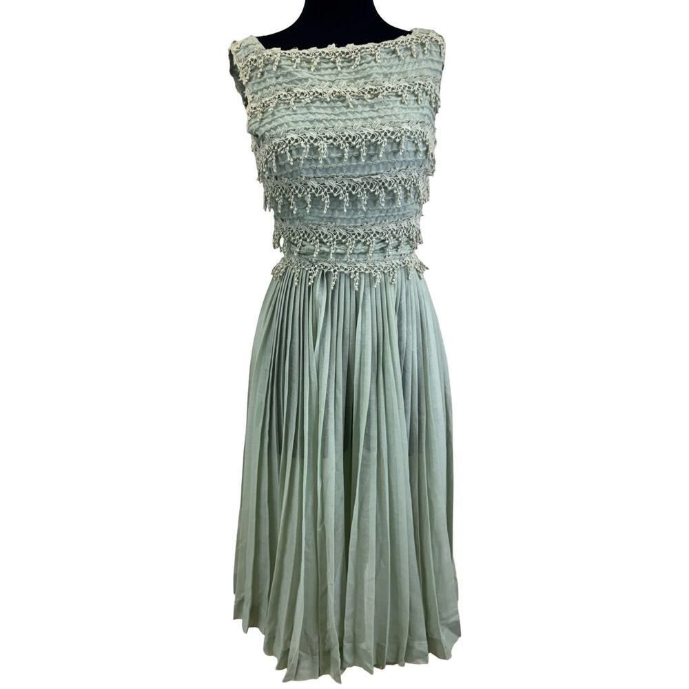 1950s Mint Green Carlye Party Dress Pleated Skirt | Vintage Cocktail Dress XS/S